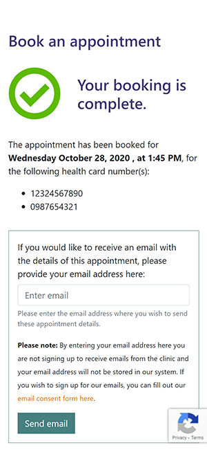Screen capture of flu shot booking confirmation.